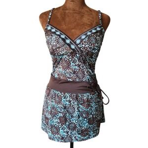 Y2K Leilani Bathing Suit And Skirt Size M Blue Brown Retro Floral Embroidered